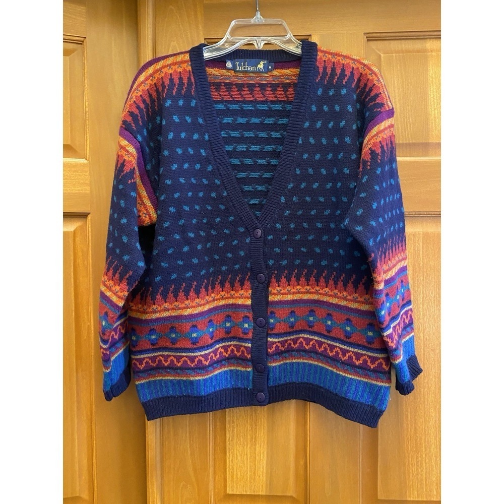 Vtg Tulchan 100% Wool Blue Multicolour Geometric Sweater Cardigan Medium Granny